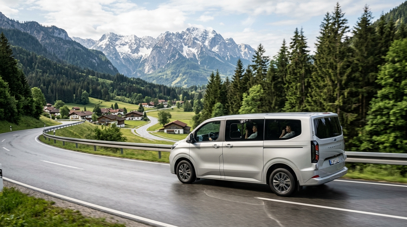 modern Ford Tourneo Custom. bajor hegyek, bajor táj
